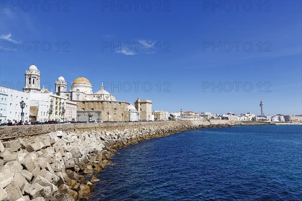 View of the dome and steeples of Cadiz Cathedral, Cathedral of the Holy Cross above the sea,