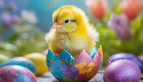 Cute little chick hatching from an Easter egg, Easter chick, baby animal, AI generated, AI