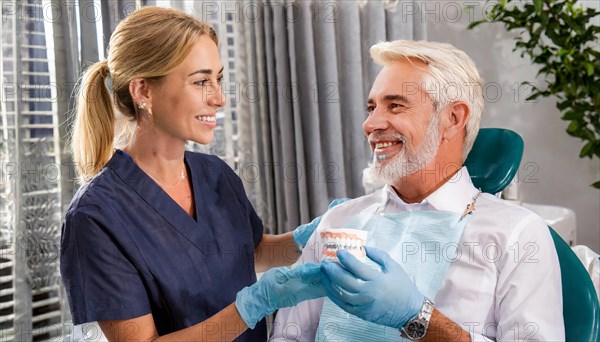 AI generated, dentist treats an attractive older man, senior, seniors, 65, dentist, blonde, 30, 35,