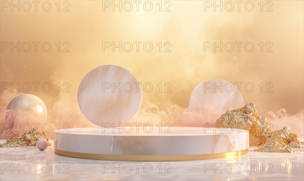 Podium for product presentation. Abstract background with empty round stage with gold decoration