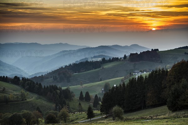 Hilly landscape, sunset, view from Schauinsland into Muenstertal, near Freiburg im Breisgau, Black