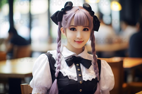 Young Asian woman dressed up in costume and Japanese maid's cafe. KI generiert, generiert AI