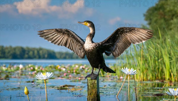 Ai generated, animal, animals, bird, birds, biotope, habitat, a, single animal, stands on pole,