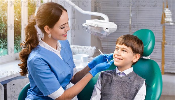 AI generated, dentist treats little boy, dentist, blonde, 30, 35, years, dental treatment,