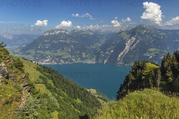 View from Niederbauen Kulm (1923m) to Fronalpstock (2123m) and Sisikon, Lake Lucerne, Canton Uri,