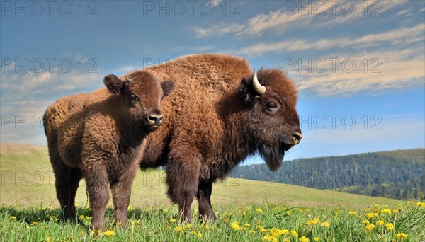 AI generated, animal, animals, mammal, mammals, biotope, habitat, two, bison with calf, spring,