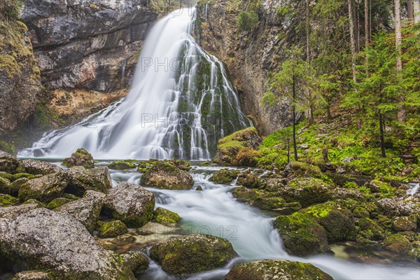 Waterfall and river, forest, gorge, summer, mountain landscape, long exposure, Gollinger waterfall,