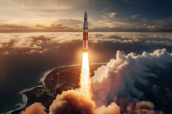Aerial view of a rocket launch at sunrise sunset over an ocean coast. The rocket is blasting off