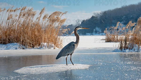 KI generated, animal, animals, bird, birds, biotope, habitat, one, individual, water, reed, winter,