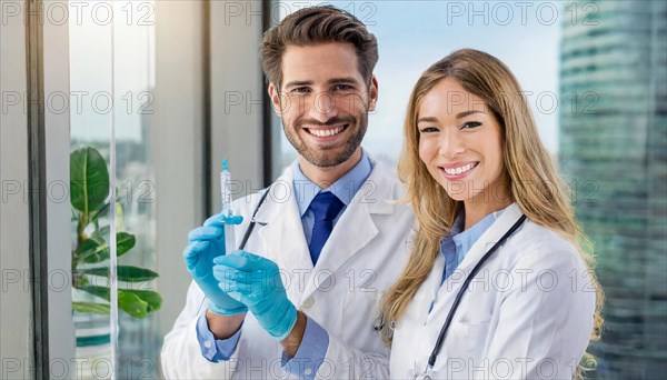 Ai generated, RF, woman, woman, man, men, doctor, female doctor, two, 30-35, years, attractive,