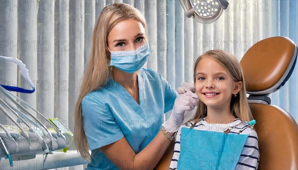AI generated, dentist treats a little girl, dentist, blonde, 30, 35, years, dental treatment,