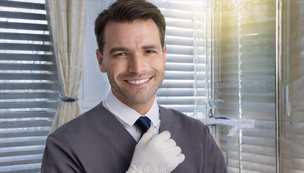 A friendly dentist in his practice, 35, portrait, attractive, attractive, friendly, friendly,