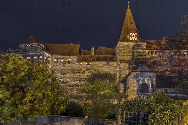 Wenzelburg or Laufer Kaiserburg, illuminated at night, rebuilt by Emperor Charles IV in 1556,