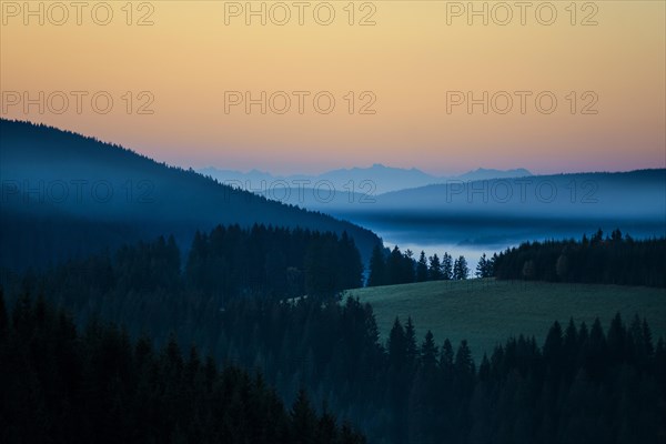 Morning mist, morning mood, sunrise, view from Thurner, Swiss Alps in the background, Black Forest,