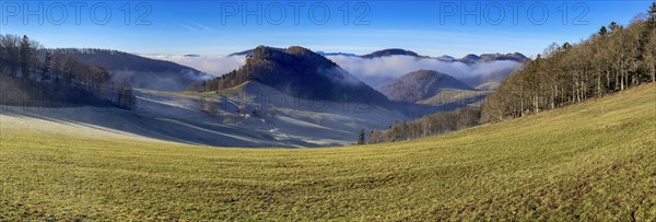 High fog wafts through the valleys of the Jura, prominent rock Ankenballen on the left, Geissflueh,