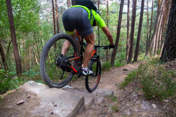 Mountain biker riding steps on a single trail near Weinbiet in the Palatinate Forest, Germany,
