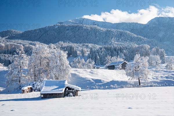 Winter landscape with hay barns in front of the Heimgarten 1791m, Ohlstadt, Loisachtal, The Blue