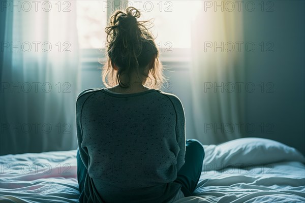 A girl sits on a bed, looking at a window with translucent morning light, symbolising depression