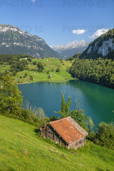 Seeli mountain lake with view of the Fronalpstack, Canton Uri, Switzerland, Seelisberg, Schwyz,