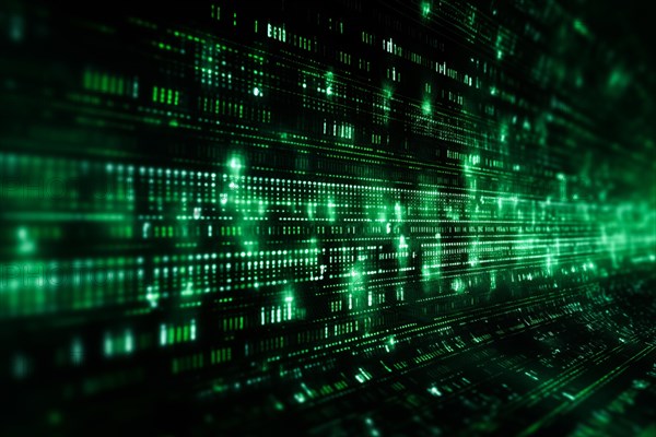 Green dynamic digital data streams, showcasing flowing lines of code in a mesmerizing pattern,