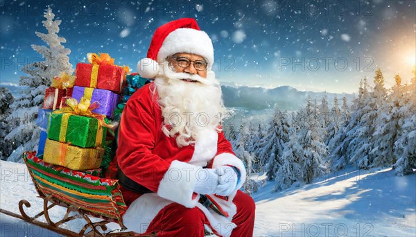 AI generated, man, 70+, Father Christmas, red coat, backpack, full beard, winter, snow, ice, fir