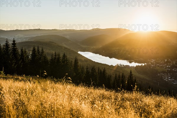View from Hochfirst to Titisee and Feldberg, sunset, near Neustadt, Black Forest,