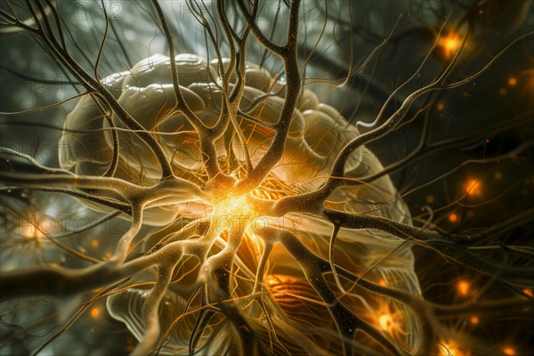 Luminous neuronal structures with light-coloured connection points on a dark background, AI