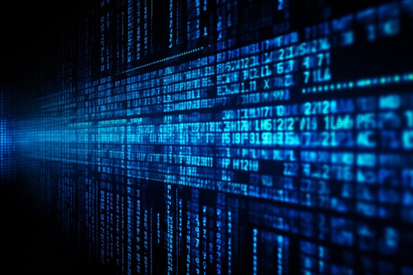 Blue dynamic digital data streams, showcasing flowing lines of code in a mesmerizing pattern, ideal