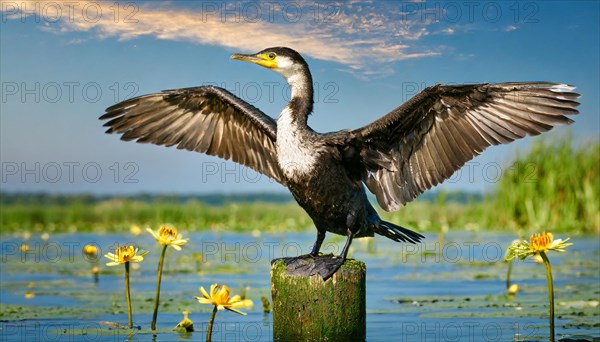 Ai generated, animal, animals, bird, birds, biotope, habitat, a, single animal, stands on pole,
