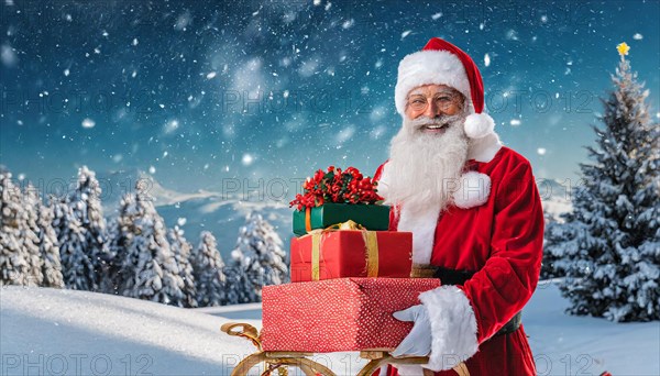 AI generated, man, 70+, Father Christmas, red coat, backpack, full beard, winter, snow, ice, fir