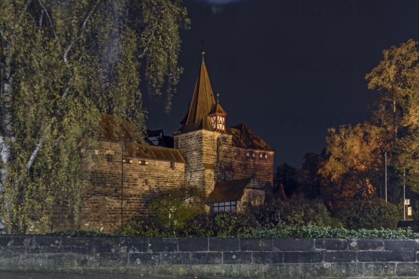 Wenzelburg or Laufer Kaiserburg castle illuminated at night, rebuilt by Emperor Charles IV in 1556,