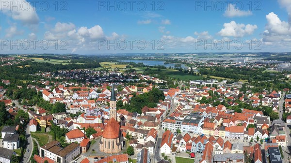 Aerial view of Dingolfing with a view of the historic town centre. Dingolfing, Lower Bavaria,