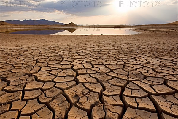 Dry cracked earth with drying lake. Climate change and water shortage concept. KI generiert,