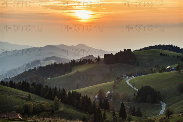 Hilly landscape, sunset, view from Schauinsland into Muenstertal, near Freiburg im Breisgau, Black