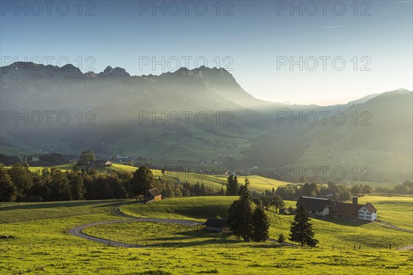 Appenzellerland, view of the Alpstein mountains with Saentis in the light of the evening sun,