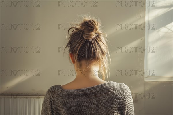A woman stands in the backlight falling through a window, rear view, symbolic image for depression