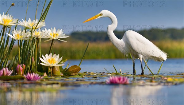KI generated, animal, animals, bird, birds, biotope, habitat, one, individual, water, reeds, water