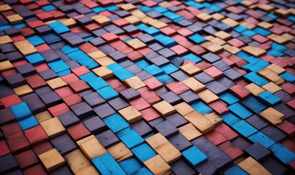 A colorful pattern created by an arrangement of painted wooden blocks AI generated