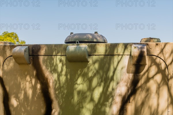 Hinges on back hatch of armored personal carrier on display in public park