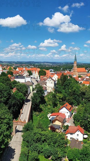 Aerial view of Dingolfing with a view of the historic town centre. Dingolfing, Lower Bavaria,