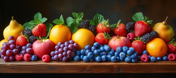 Fresh fruit spread with pears, apples, berries, and citrus, garnished with mint on a wooden
