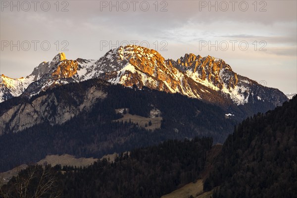 Gummfluh, Douve and Rocher du Midi in the sunset, mountains near Gstaad, Rossiniere, Vaud,
