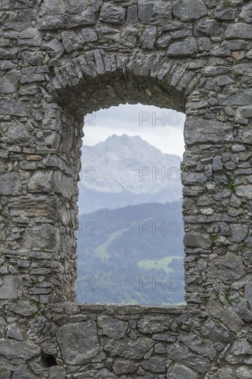 Window of the ruins of Werdenfels Castle with overcast sky, Garmisch-Partenkirchen, Werdenfelser