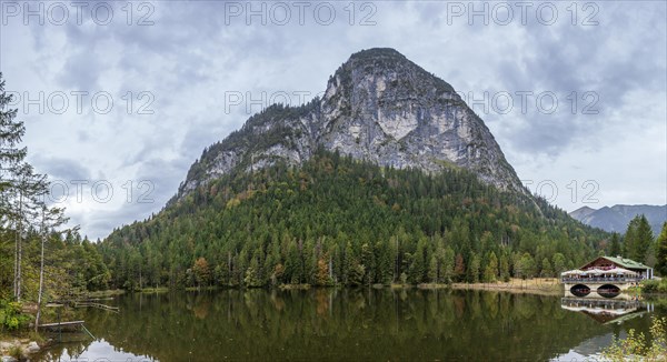 Pflegersee with inn under a cloudy sky, Garmisch-Partenkirchen, Werdenfelser Land, Upper Bavaria,