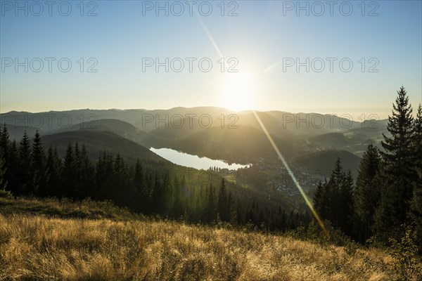View from Hochfirst to Titisee and Feldberg, sunset, near Neustadt, Black Forest,