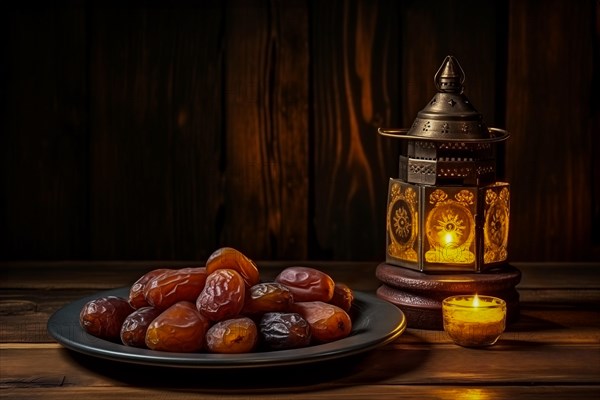 Ramadan lantern to a plate of succulent figs on dark background, set on an ornate table with