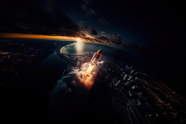 Aerial view of a rocket shuttle carrier launch at sunrise over an ocean coast. The rocket is