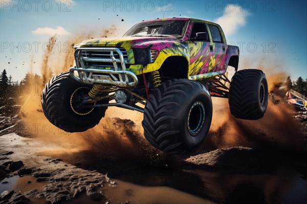Monster truck driving and jumping outdoors amidst a cloud of dust. Thrill and adrenaline of an