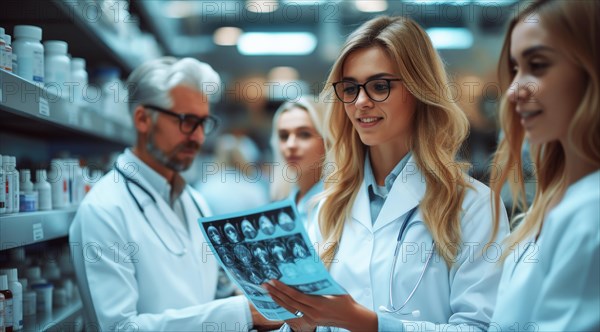 A team of healthcare professionals examining MRI scans in a drugstore setting, ai generated, AI