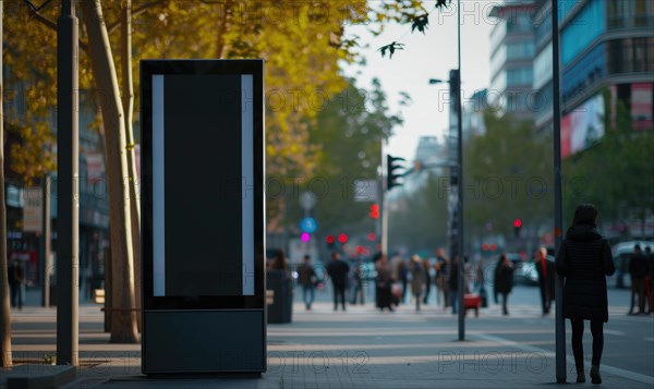 Blank street billboard on city street. Mock up of vertical advertising stand in the street AI